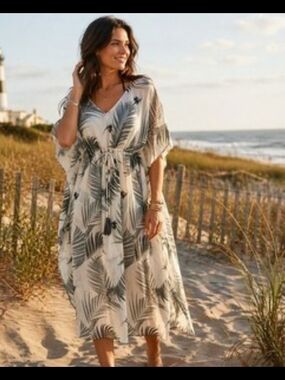 Kona Sol Cream Palm-Print Drawstring Sz XL Beach Caftan Cover-Up